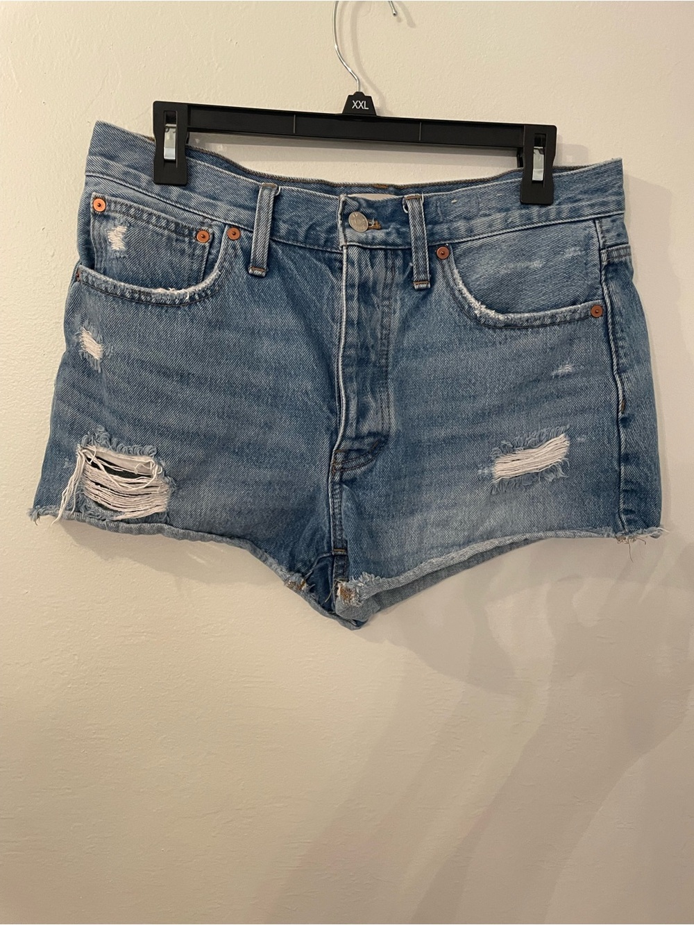 Madewell Light Blue Distressed High-Rise Denim Shorts